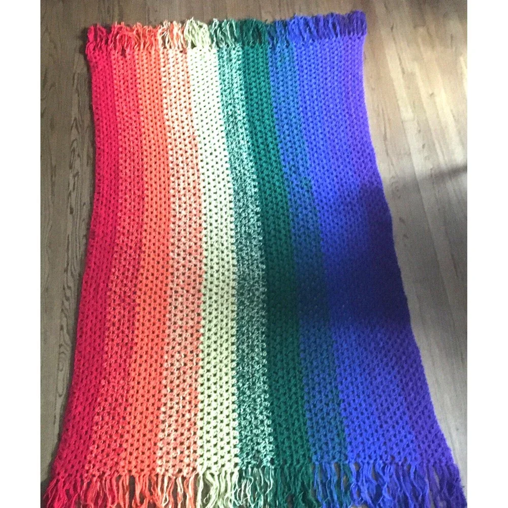 Handmade Crochet Rainbow Afghan Blanket Throw Fringe Edge 54W x 84L